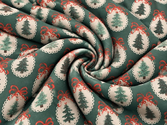 Christmas Tree Bow Super Scuba Techno Print #2085 Double Knit Stretch Fabric Poly Spandex Fabric 58"-60" Wide By The Yard