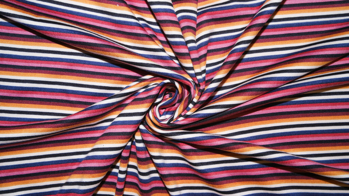 Double Brushed Poly Multicolor Rainbow Stripe Print #43 Poly Spandex Apparel Stretch Fabric 190 GSM 58"-60" Wide By The Yard