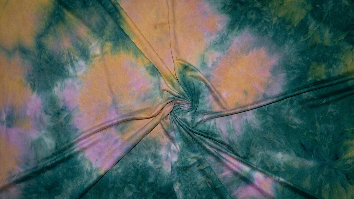 Double Brushed Green Mustard Tie Dye Print #112 Poly Spandex Apparel Stretch Fabric 190 GSM 58"-60" Wide By The Yard