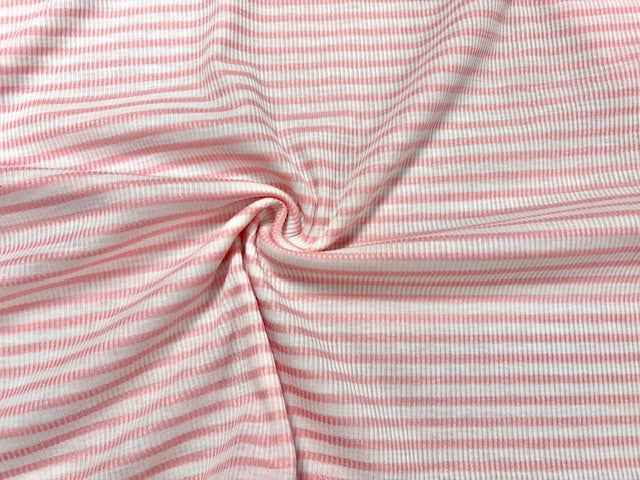 Stripe 4x2 Rib Knit Print #532 Pink White Polyester Spandex Stretch 190GSM Apparel Fabric 58"-60" Wide By The Yard