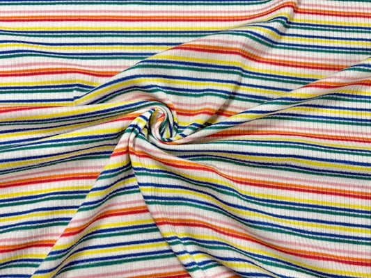 Stripe 4x2 Rib Knit Print #534 Multi-Color Polyester Spandex Stretch 190GSM Apparel Fabric 58"-60" Wide By The Yard