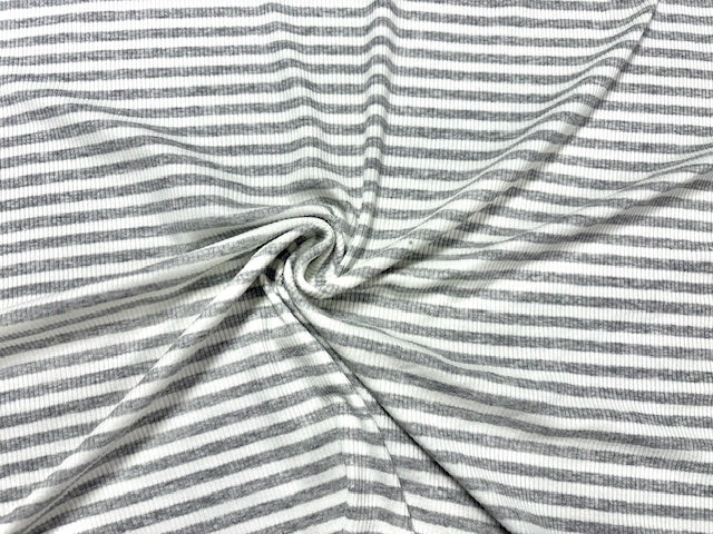 Stripe 4x2 Rib Knit Print #535 Heather Gray White Polyester Spandex Stretch 190GSM Apparel Fabric 58"-60" Wide By The Yard