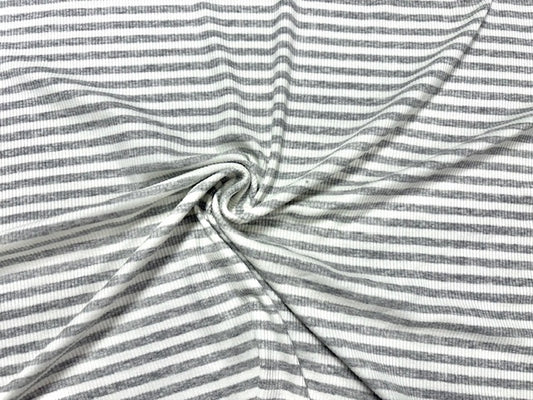 Stripe 4x2 Rib Knit Print #535 Heather Gray White Polyester Spandex Stretch 190GSM Apparel Fabric 58"-60" Wide By The Yard