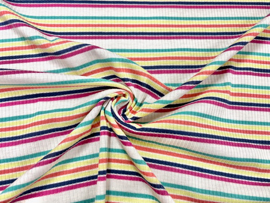 Stripe 4x2 Rib Knit Print #538 Multi-Color Polyester Spandex Stretch 190GSM Apparel Fabric 58"-60" Wide By The Yard