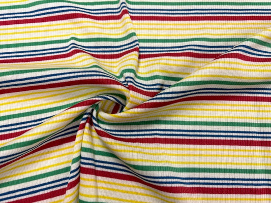 Stripe 4x2 Rib Knit Print #540 Multi-Color Polyester Spandex Stretch 190GSM Apparel Fabric 58"-60" Wide By The Yard