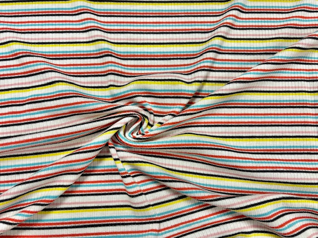 Stripe 4x2 Rib Knit Print #541 Multi-Color Polyester Spandex Stretch 190GSM Apparel Fabric 58"-60" Wide By The Yard