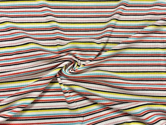 Stripe 4x2 Rib Knit Print #541 Multi-Color Polyester Spandex Stretch 190GSM Apparel Fabric 58"-60" Wide By The Yard