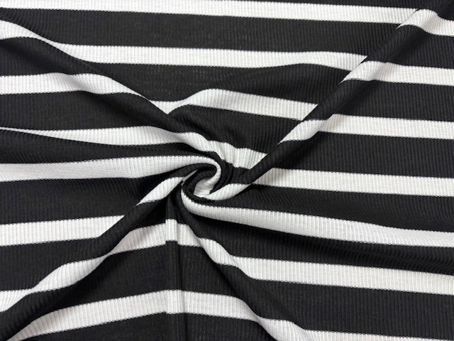 Stripe 4x2 Rib Knit Print #543 Black White Polyester Spandex Stretch 190GSM Apparel Fabric 58"-60" Wide By The Yard
