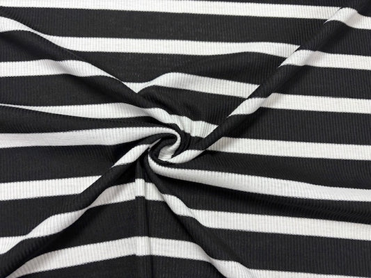 Stripe 4x2 Rib Knit Print #543 Black White Polyester Spandex Stretch 190GSM Apparel Fabric 58"-60" Wide By The Yard