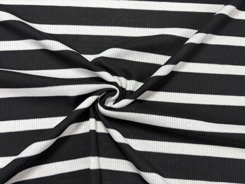 Stripe 4x2 Rib Knit Print #543 Black White Polyester Spandex Stretch 190GSM Apparel Fabric 58