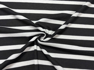 Stripe 4x2 Rib Knit Print #543 Black White Polyester Spandex Stretch 190GSM Apparel Fabric 58"-60" Wide By The Yard