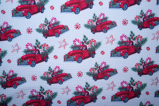 Christmas Truck Bullet Print #105 Ribbed Scuba Techno Double Knit 2-Way Stretch Poly Spandex Apparel Craft Fabric 58"-60" Wide BTY