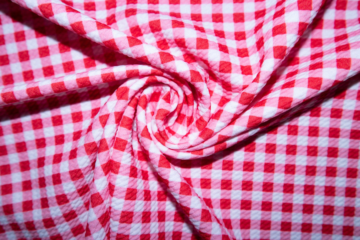 Red Gingham Bullet Print #100 Ribbed Scuba Techno Double Knit 2-Way Stretch Poly Spandex Apparel Craft Fabric 58"-60" Wide BTY