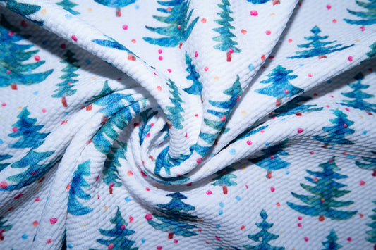 Watercolor Christmas Tree Bullet Print #101 Ribbed Scuba Techno Double Knit 2-Way Stretch Poly Spandex Apparel Craft Fabric 58"-60" Wide BTY