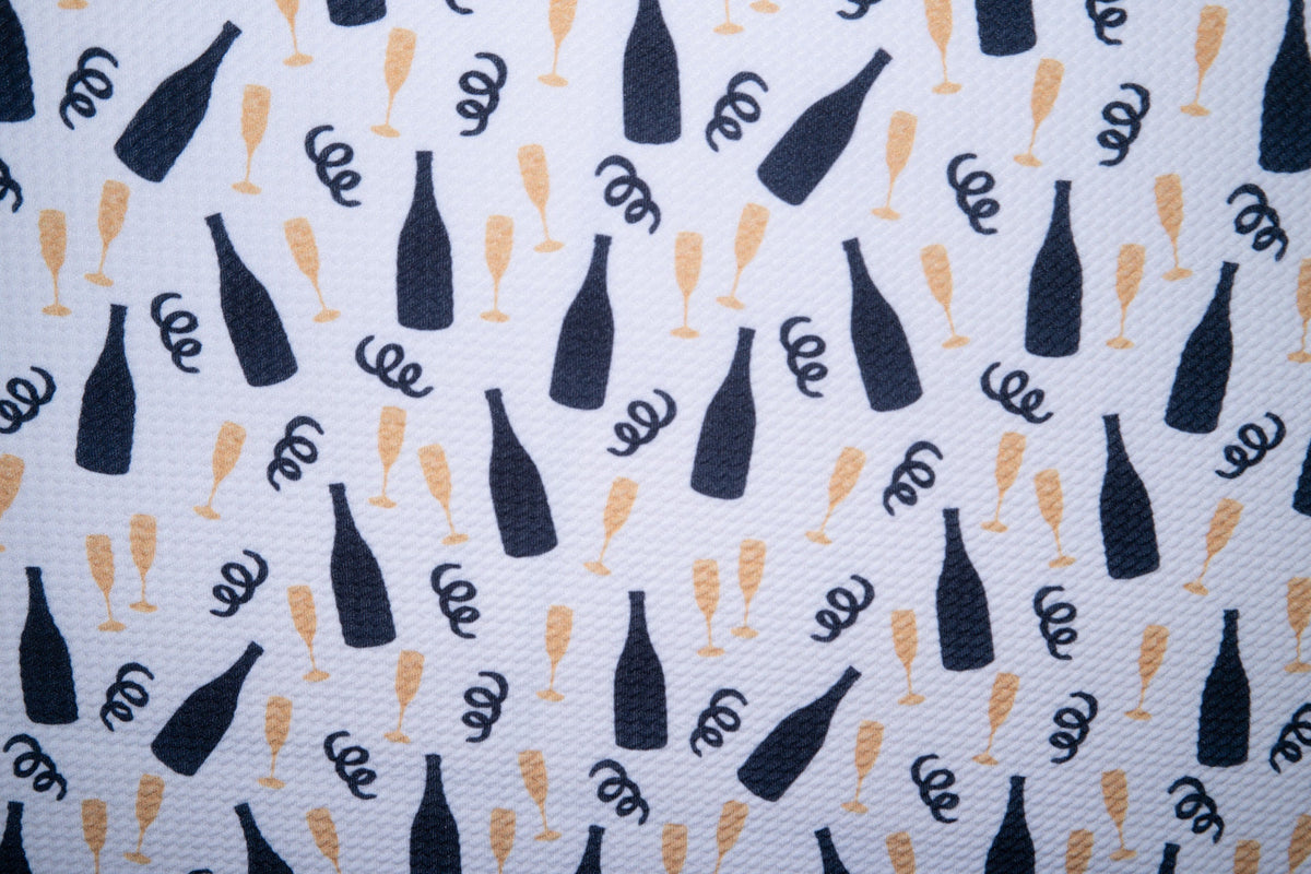 New Year Champagne Print Bullet #129 Ribbed Scuba Techno Double Knit 2-Way Stretch Poly Spandex Apparel Craft Fabric 58"-60" Wide BTY