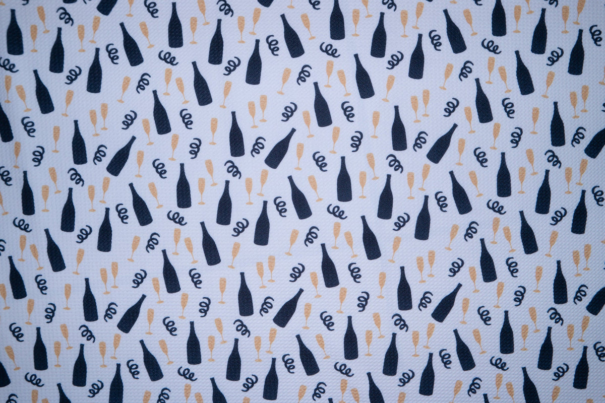New Year Champagne Print Bullet #129 Ribbed Scuba Techno Double Knit 2-Way Stretch Poly Spandex Apparel Craft Fabric 58"-60" Wide BTY