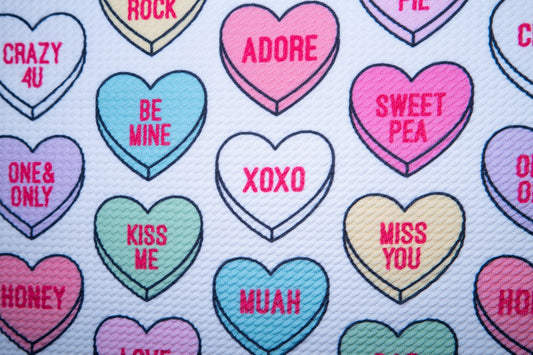 Candy Hearts Valentine Bullet Print #130 Ribbed Scuba Techno Double Knit 2-Way Stretch Poly Spandex Apparel Craft Fabric 58"-60" Wide BTY