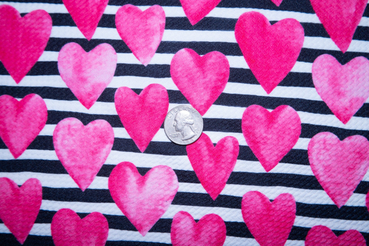 Watercolor Hearts Striped Bullet Print #133 Ribbed Scuba Techno Double Knit 2-Way Stretch Poly Spandex Apparel Craft Fabric 58"-60" Wide BTY