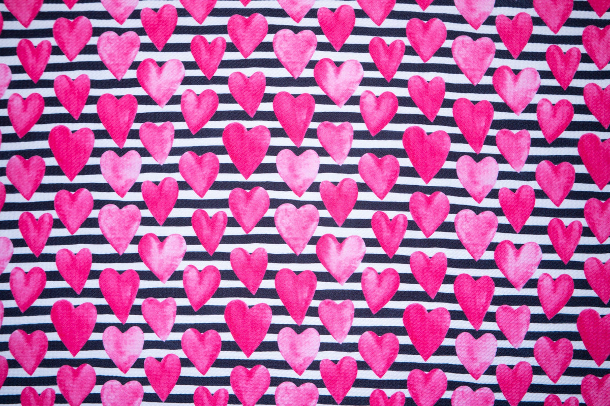 Watercolor Hearts Striped Bullet Print #133 Ribbed Scuba Techno Double Knit 2-Way Stretch Poly Spandex Apparel Craft Fabric 58"-60" Wide BTY
