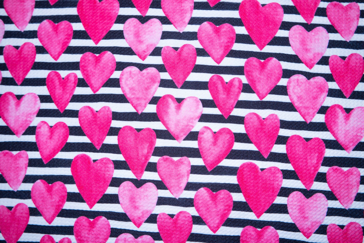 Watercolor Hearts Striped Bullet Print #133 Ribbed Scuba Techno Double Knit 2-Way Stretch Poly Spandex Apparel Craft Fabric 58"-60" Wide BTY