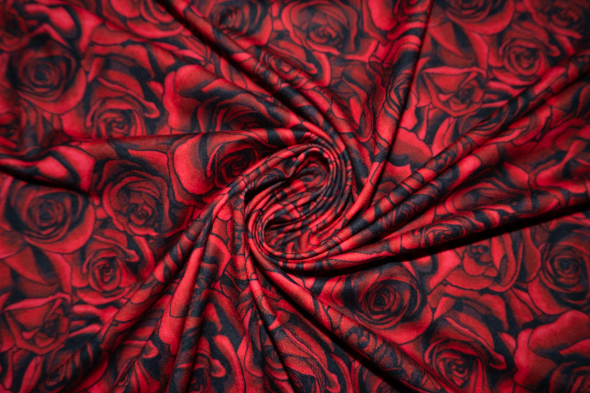 Red Roses #03 Double Brushed Polyester Spandex Apparel Stretch Fabric 190 GSM 58"-60" Wide By The Yard