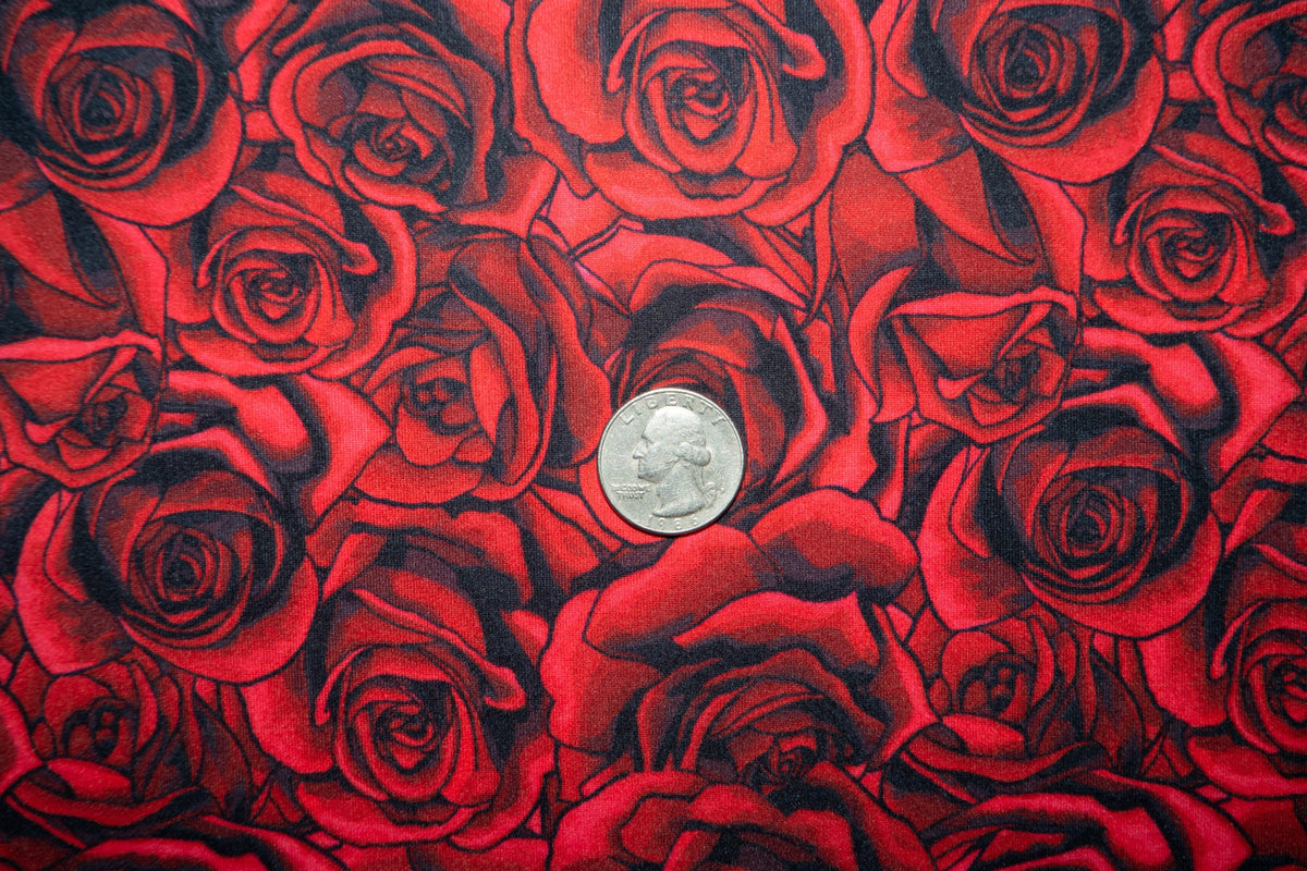 250 GSM DBP Red Roses #03 Double Brushed Polyester Spandex Apparel Stretch Fabric 58"-60" Wide By The Yard