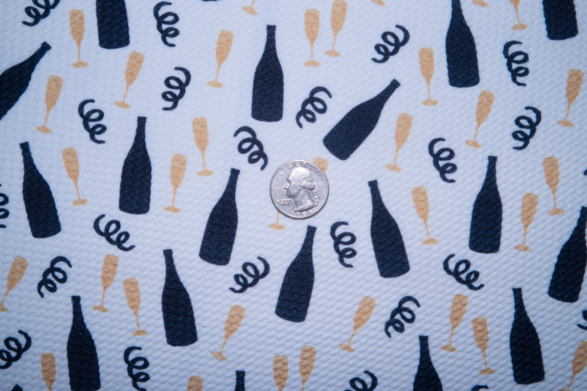New Year Champagne Print Bullet #129 Ribbed Scuba Techno Double Knit 2-Way Stretch Poly Spandex Apparel Craft Fabric 58"-60" Wide BTY