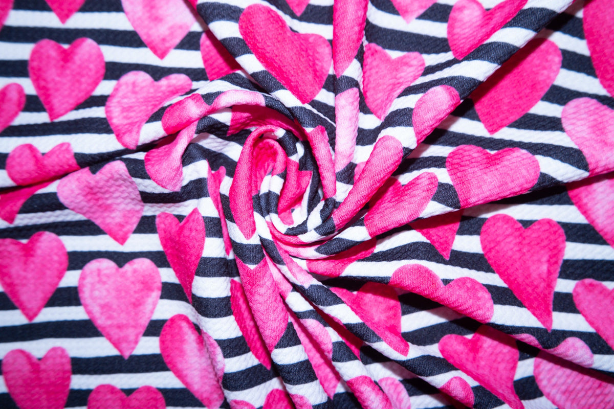 Watercolor Hearts Striped Bullet Print #133 Ribbed Scuba Techno Double Knit 2-Way Stretch Poly Spandex Apparel Craft Fabric 58"-60" Wide BTY