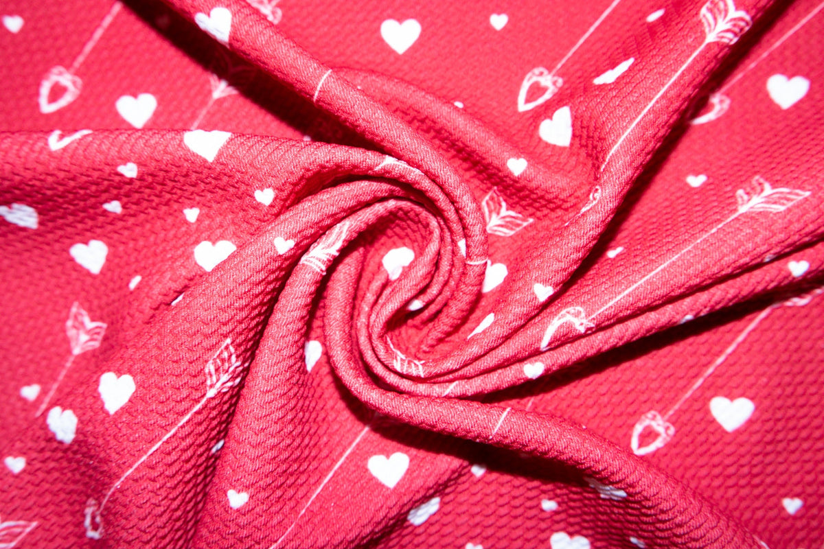 Cupid Arrow Valentine Red Bullet Print #135 Ribbed Scuba Techno Double Knit 2-Way Stretch Poly Spandex Apparel Craft Fabric 58"-60" Wide BTY