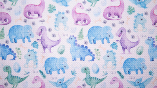 Watercolor Dinosaurs Bullet Print #177 Ribbed Scuba Techno Double Knit 2-Way Stretch Poly Spandex Apparel Craft Fabric 58"-60" Wide BTY