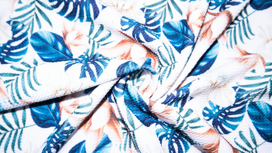 Tropical Floral Leaf Bullet Print #214 Ribbed Scuba Techno Double Knit 2-Way Stretch Poly Spandex Apparel Craft Fabric 58"-60" Wide BTY