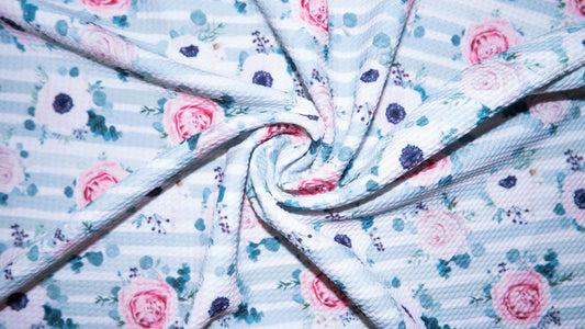 Pastel Mint Floral Stripe Bullet Print #216 Ribbed Scuba Techno Double Knit 2-Way Stretch Poly Spandex Apparel Craft Fabric 58"-60" Wide BTY