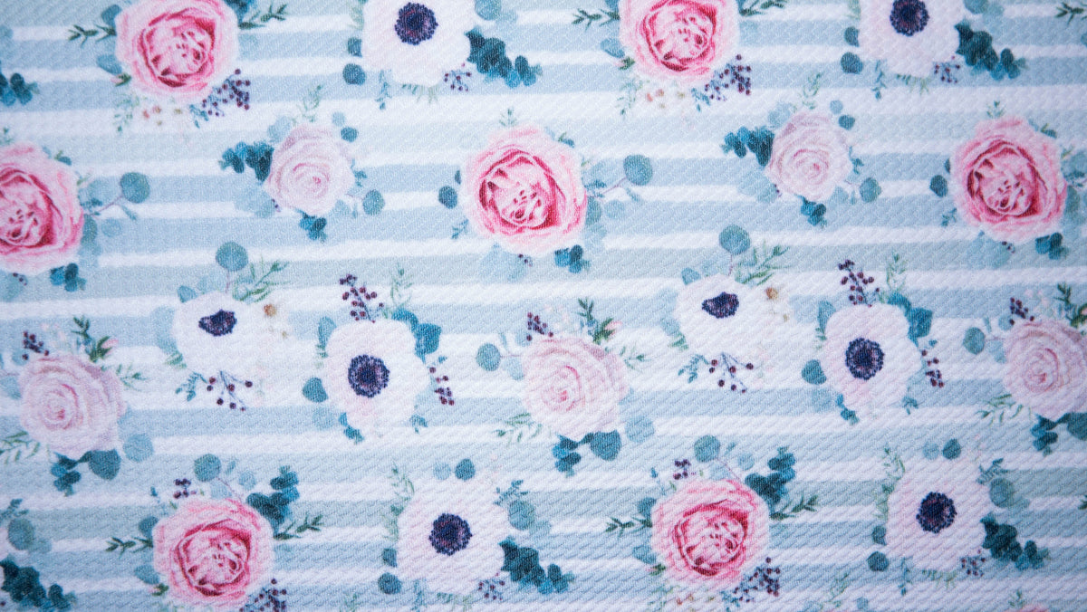 Pastel Mint Floral Stripe Bullet Print #216 Ribbed Scuba Techno Double Knit 2-Way Stretch Poly Spandex Apparel Craft Fabric 58"-60" Wide BTY