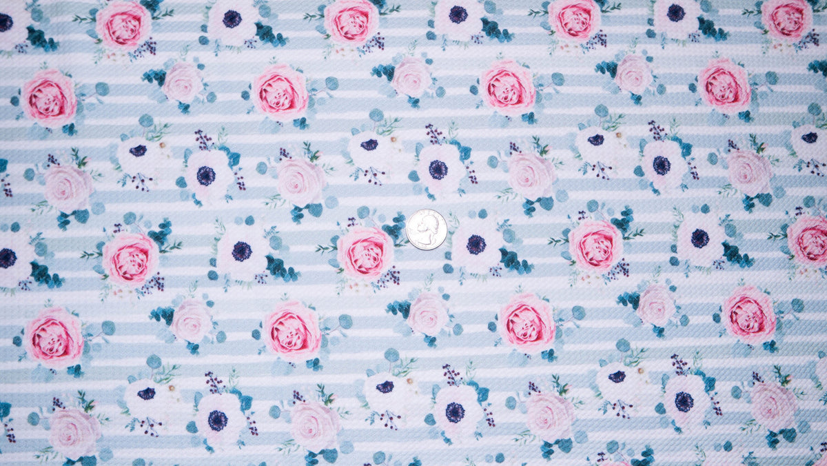 Pastel Mint Floral Stripe Bullet Print #216 Ribbed Scuba Techno Double Knit 2-Way Stretch Poly Spandex Apparel Craft Fabric 58"-60" Wide BTY