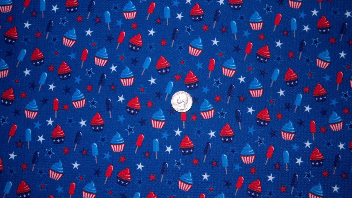 Patriotic Cupcake Popsicle Bullet Print #241 Ribbed Scuba Techno Double Knit 2-Way Stretch Poly Spandex Apparel Craft Fabric 58"-60"Wide BTY