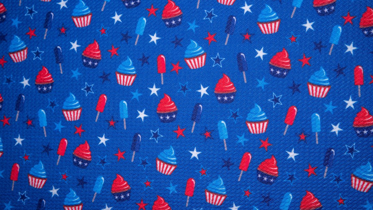 Patriotic Cupcake Popsicle Bullet Print #241 Ribbed Scuba Techno Double Knit 2-Way Stretch Poly Spandex Apparel Craft Fabric 58"-60"Wide BTY
