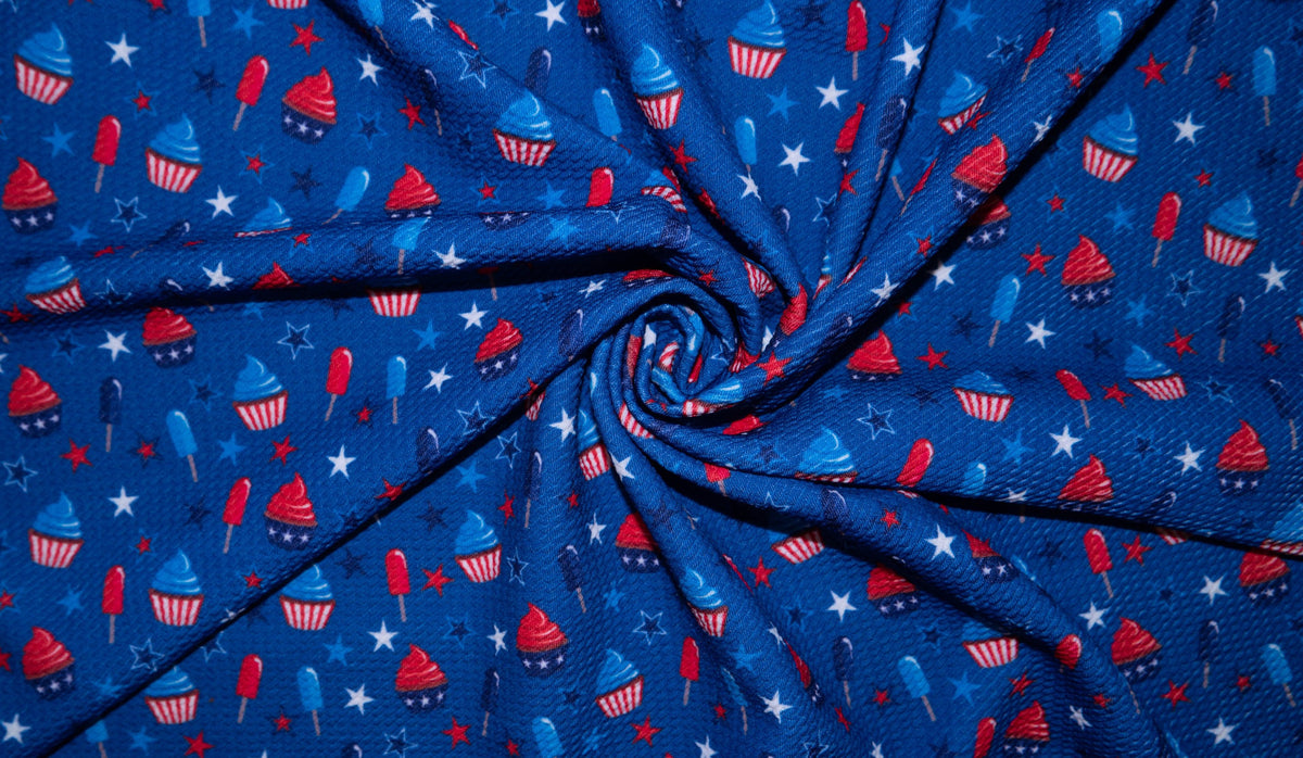 Patriotic Cupcake Popsicle Bullet Print #241 Ribbed Scuba Techno Double Knit 2-Way Stretch Poly Spandex Apparel Craft Fabric 58"-60"Wide BTY
