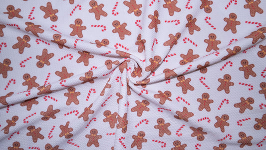 Gingerbread Man Candy Cane Bullet Print #270 Ribbed Scuba Techno Double Knit 2-Way Stretch Poly Spandex Apparel Fabric 58"-60" Wide BTY