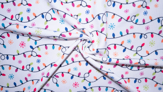 Christmas Lights Bullet Print #309 Ribbed Scuba Techno Double Knit 2-Way Stretch Poly Spandex Apparel Craft Fabric 58"-60" Wide BTY