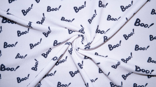 Boo! Halloween Bullet Print #313 Ribbed Scuba Techno Double Knit 2-Way Stretch Poly Spandex Apparel Craft Fabric 58"-60" Wide BTY