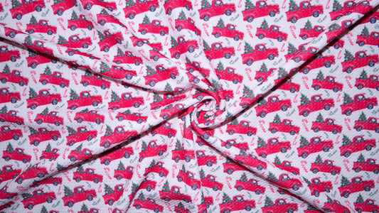 Red Christmas Truck Bullet Print #323 Ribbed Scuba Techno Double Knit 2-Way Stretch Poly Spandex Apparel Craft Fabric 58"-60" Wide BTY