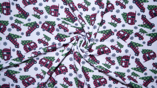 Buffalo Plaid X-Mas Truck Bullet Print #333 Ribbed Scuba Techno Double Knit 2-Way Stretch Poly Spandex Apparel Craft Fabric 58"-60" Wide BTY