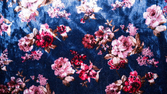 Navy Floral #80 Crushed Velvet Stretch Luxury Apparel Fabric Polyester Lycra Spandex Heavy Weight Dress Soft 58"-60" Wide By The Yard