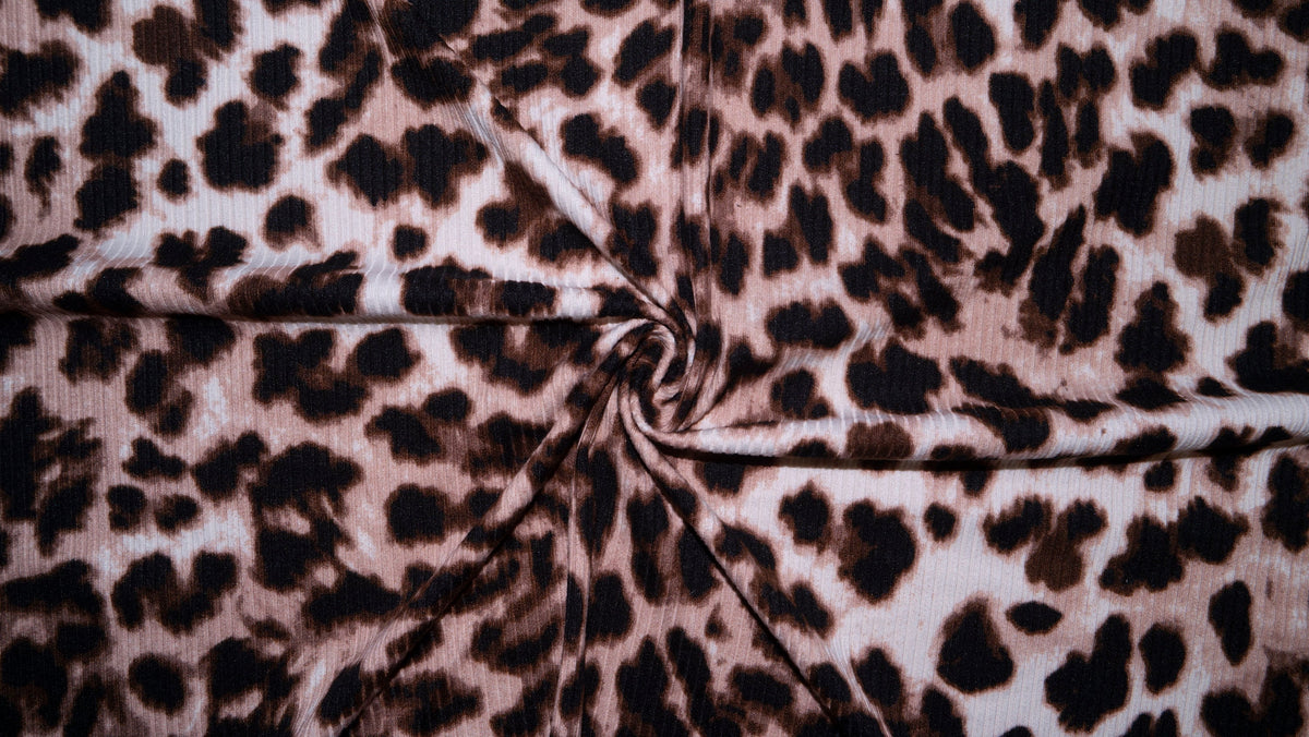 Rib Knit 4X2 Leopard Print #1 Jersey Knit Polyester Rayon Spandex Stretch 200GSM Apparel Fabric 58"-60" Wide By The Yard