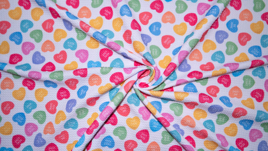 Candy Hearts Bullet Print #352 Ribbed Scuba Techno Double Knit 2-Way Stretch Poly Spandex Apparel Craft Fabric 58"-60" Wide BTY