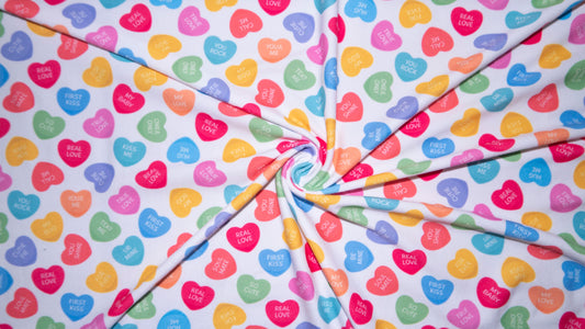 Candy Hearts #101 Double Brushed Polyester Spandex Apparel Stretch Fabric 190 GSM 58"-60" Wide By The Yard
