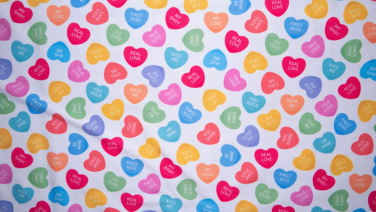 Candy Hearts #101 Double Brushed Polyester Spandex Apparel Stretch Fabric 190 GSM 58"-60" Wide By The Yard