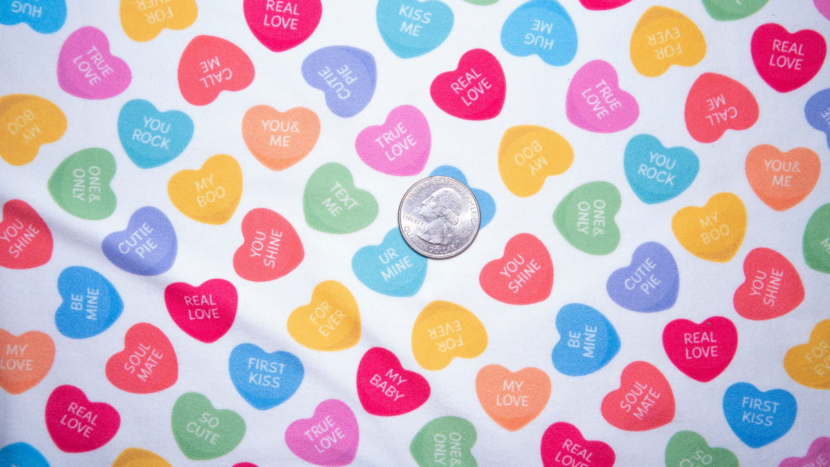 Candy Hearts #101 Double Brushed Polyester Spandex Apparel Stretch Fabric 190 GSM 58"-60" Wide By The Yard