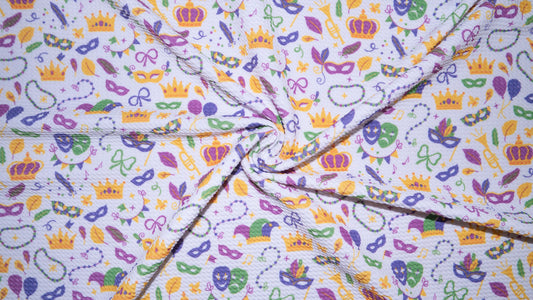 Mardi Gras Bullet Print #355 Ribbed Scuba Techno Double Knit 2-Way Stretch Poly Spandex Apparel Craft Fabric 58"-60" Wide BTY
