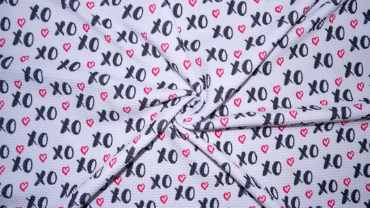 XOXO Heart V Day Bullet Print #356 Ribbed Scuba Techno Double Knit 2-Way Stretch Poly Spandex Apparel Craft Fabric 58"-60" Wide BTY